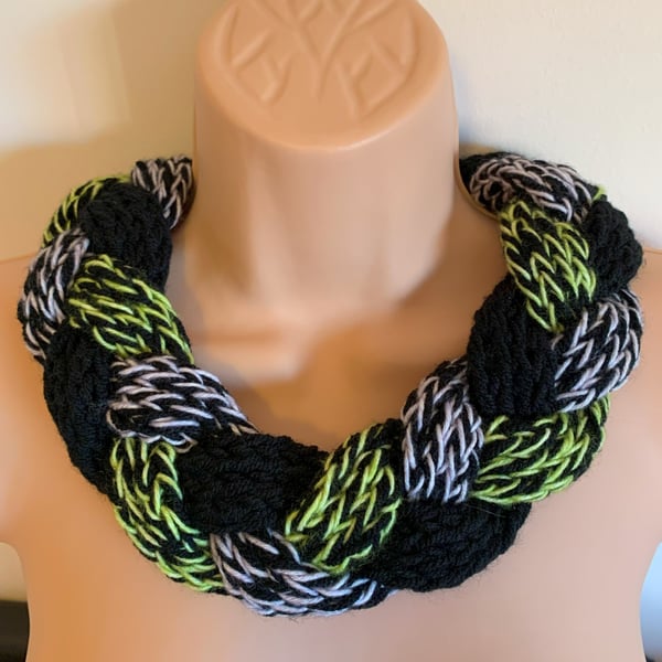 Hand Knitted Scarf Woven Wreath Infinity Loop leftover yarn Black Green Pink