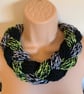 Hand Knitted Scarf Woven Wreath Infinity Loop leftover yarn Black Green Pink