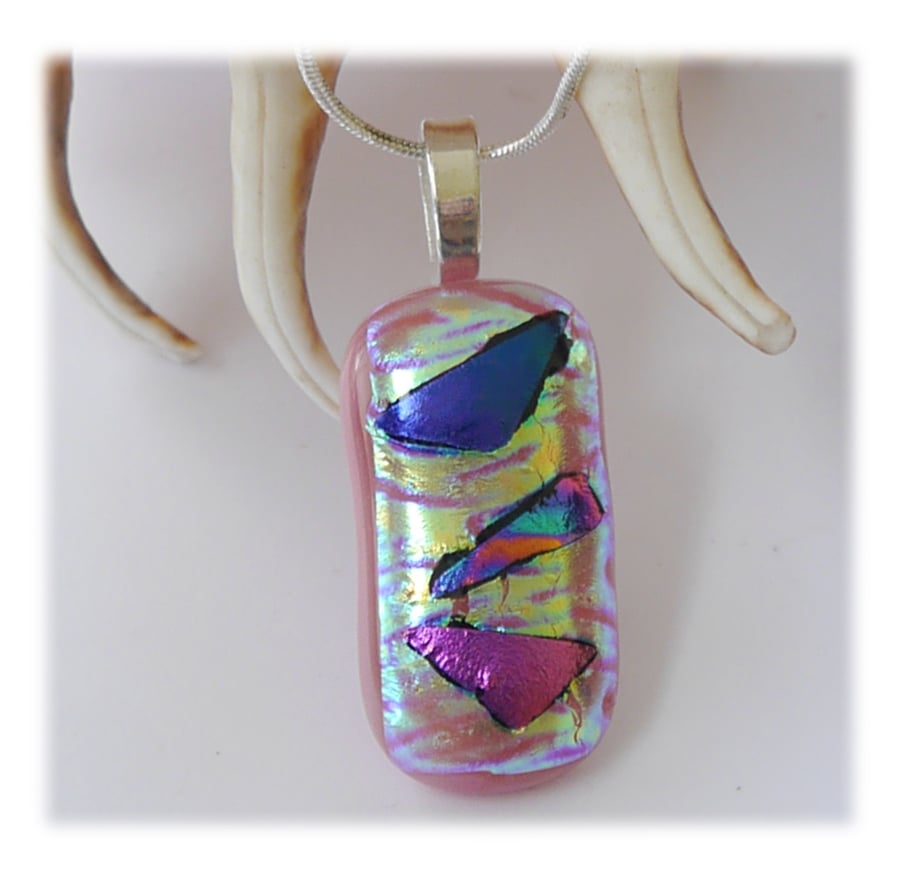 Pink Dichroic Glass Pendant 153 Splatter with silver plated chain