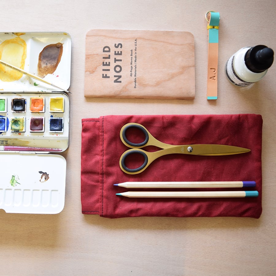 waxed canvas pencil case - easy open  - red waxed canvas
