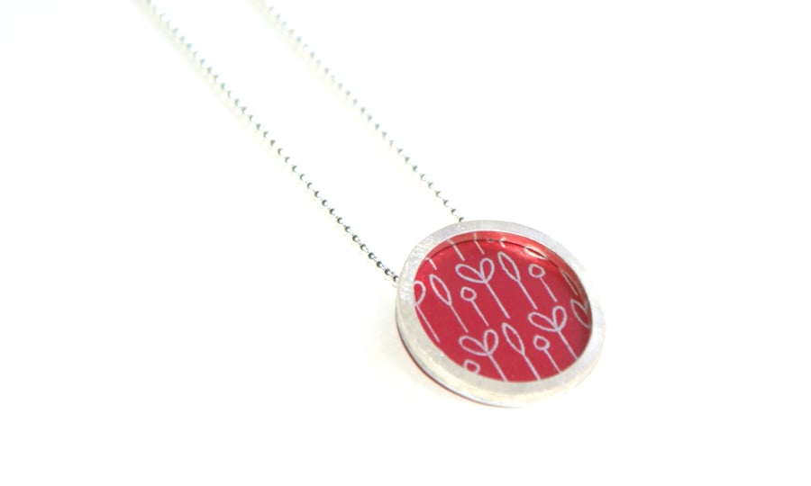 Silver and red circle necklace - spring buds pattern