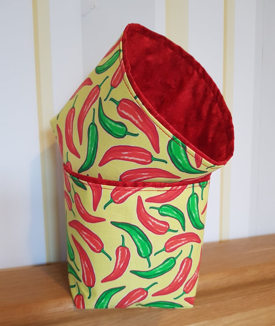 Fabric storage container: red and green chillies