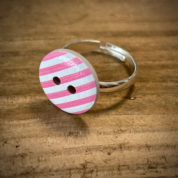 Silver Plated Adjustable Ring with Pretty Pink Striped Button
