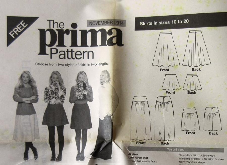 A multi-size sewing pattern for a woman's skirt in 2 styles and 2 lengths