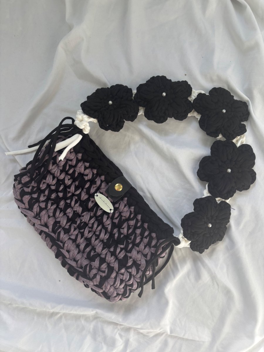 Handmade Crochet Shoulder Bag - Purple, Black And White - Floral Flower Strap 