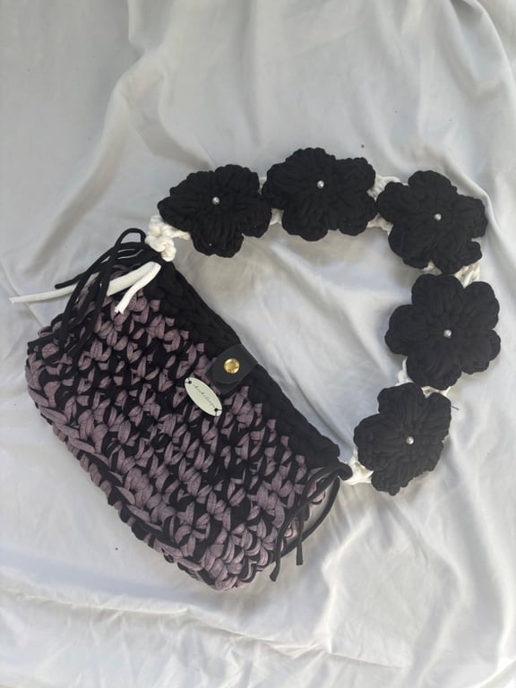 Handmade Crochet Shoulder Bag - Purple, Black And White - Floral Flower Strap 