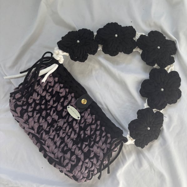 Handmade Crochet Shoulder Bag - Purple, Black And White - Floral Flower Strap 