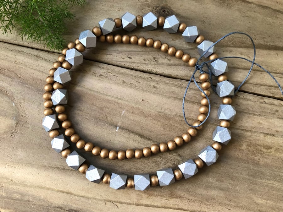Silver & Gold Wooden Hexagon Bead Necklace. Customisable. Lightweight.