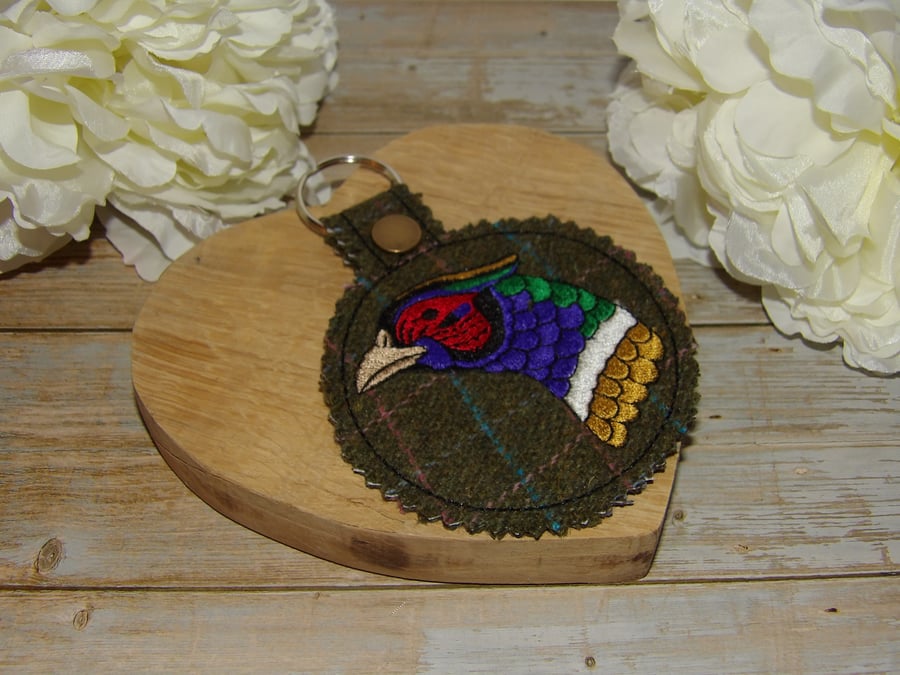 Tweed bag charm or key ring with embroidered pheasant 