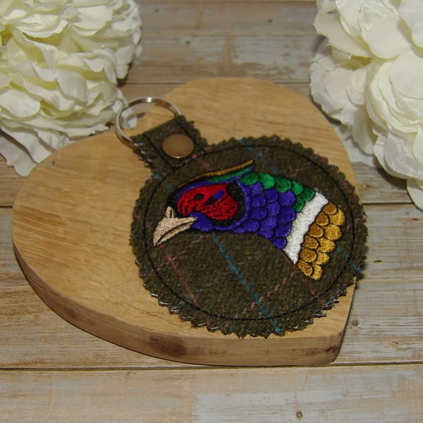 Tweed bag charm or key ring with embroidered pheasant 