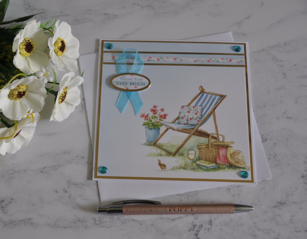 Thank You Card Summer Picnic Basket Books and Wine 3D Luxury Handmade Card