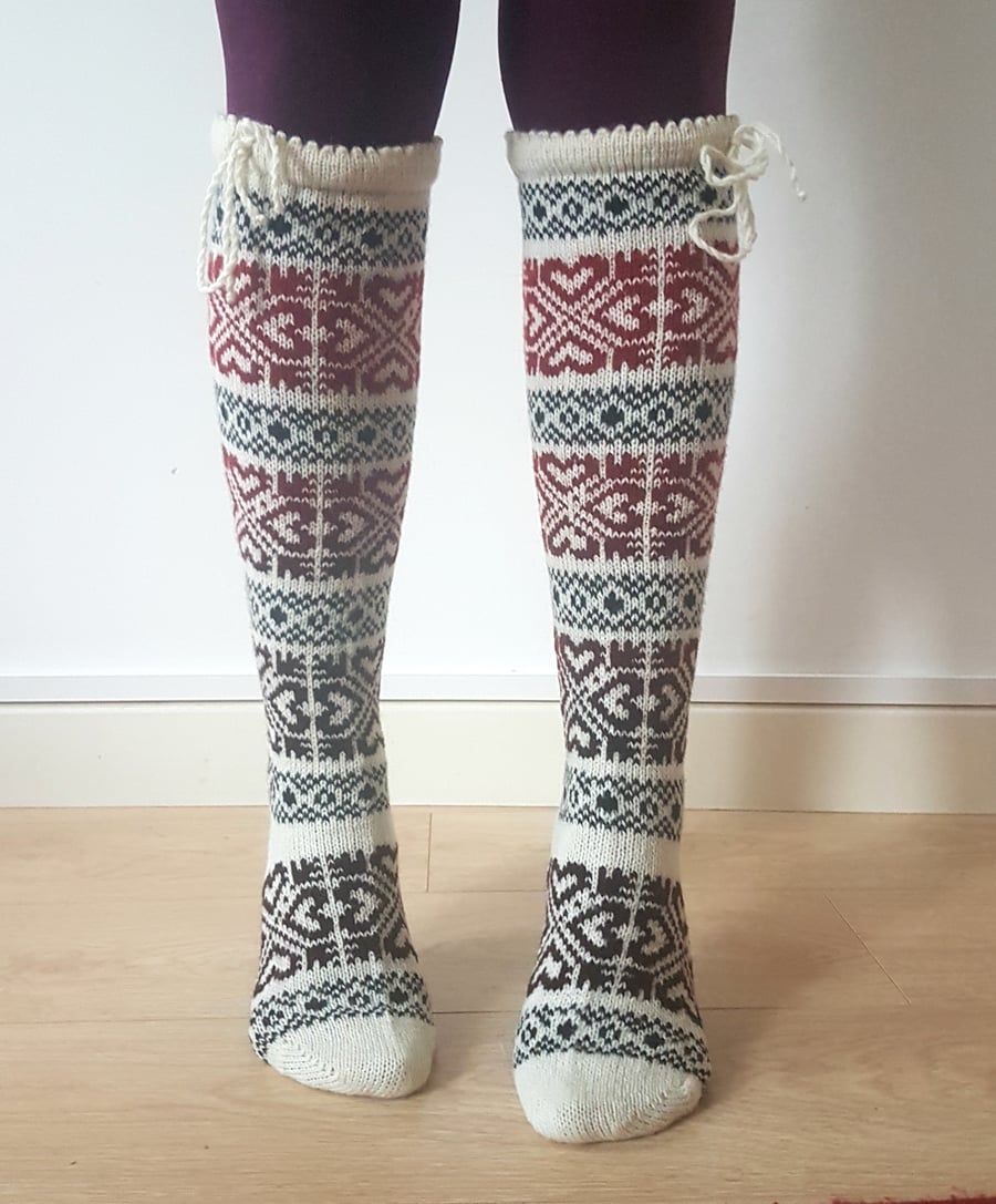 READY TO SHIP Knee Length Long Knitted Wool Socks Fair Isle Hearts White Red