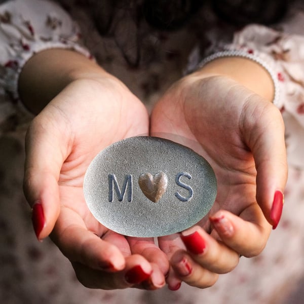 Valentine's Day Stone, Hand Carved, Thoughtful Gift, Gold Heart & Initials