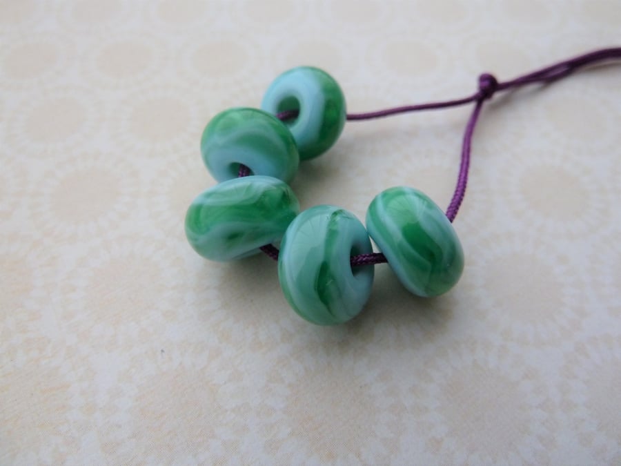 handmade lampwork glass beads, green and blue set