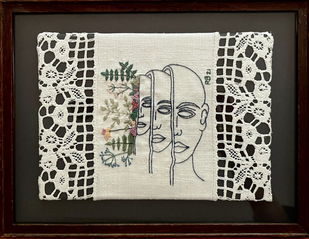 'Grow Inwards' - Hand stitched embroidery art on vintage fabric