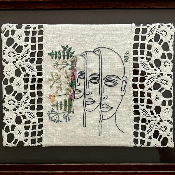 'Grow Inwards' - Hand stitched embroidery art on vintage fabric