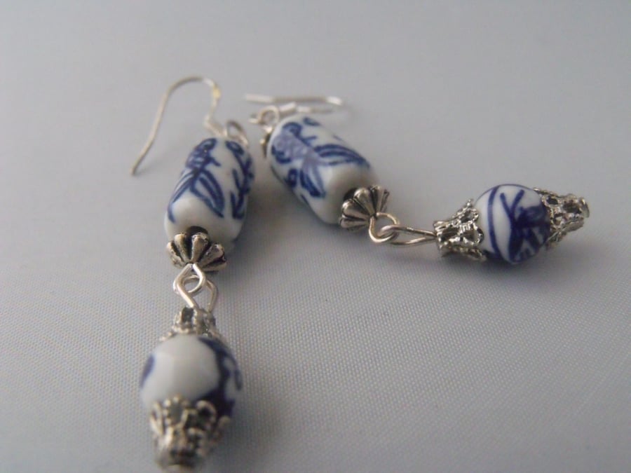 Blue and White Ceramic Bead Earrings