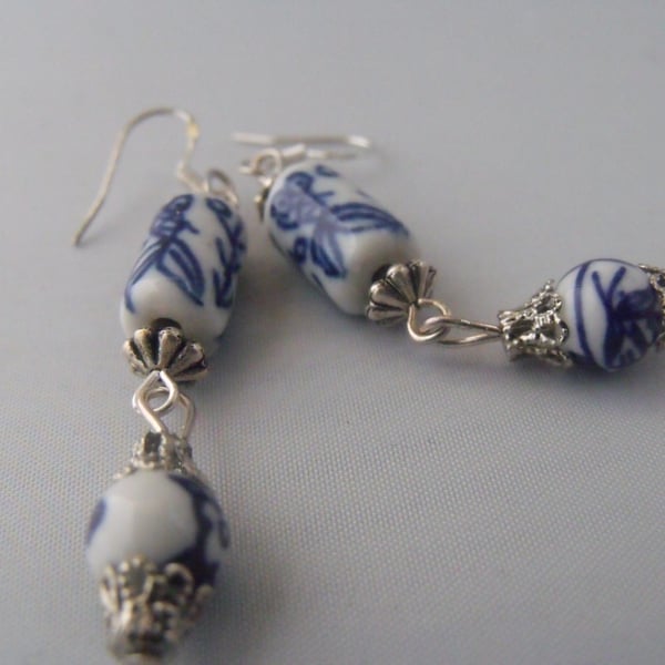 Blue and White Ceramic Bead Earrings