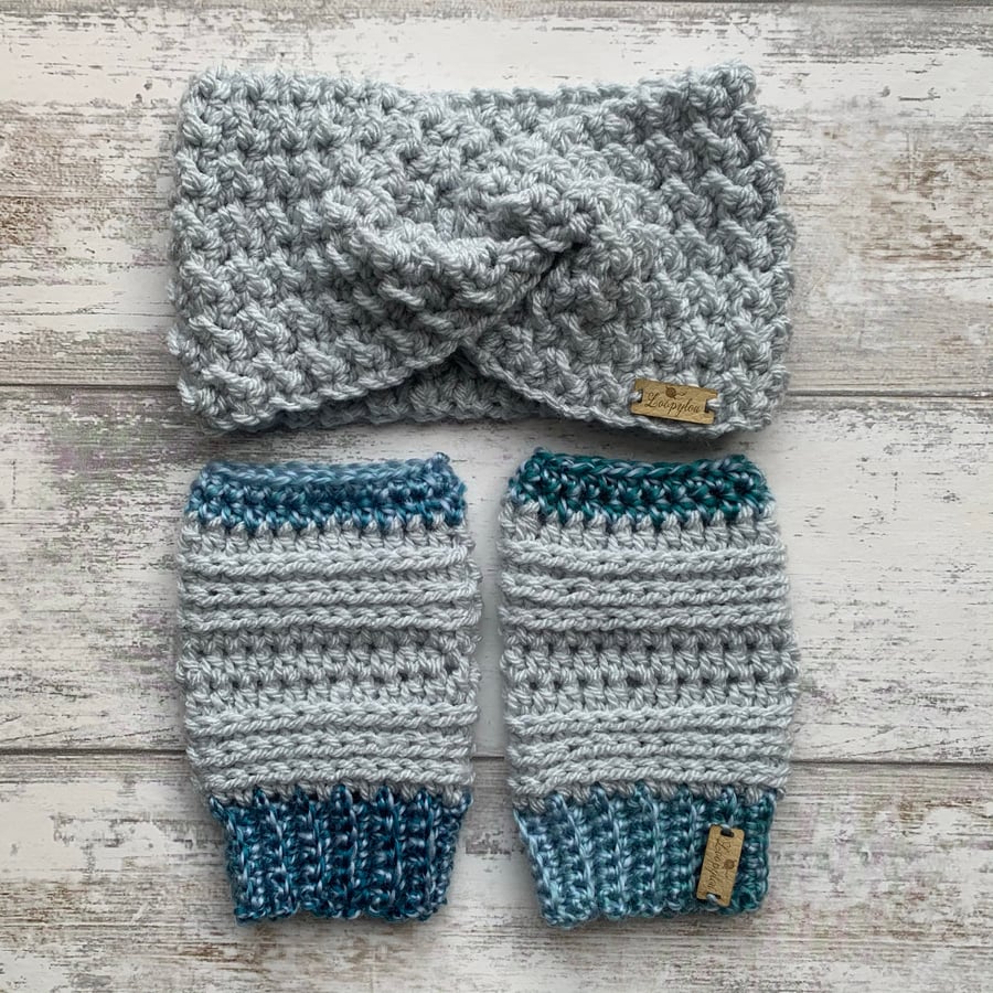 Handmade crochet ear warmer headband and wrist warmer set in light grey and blue