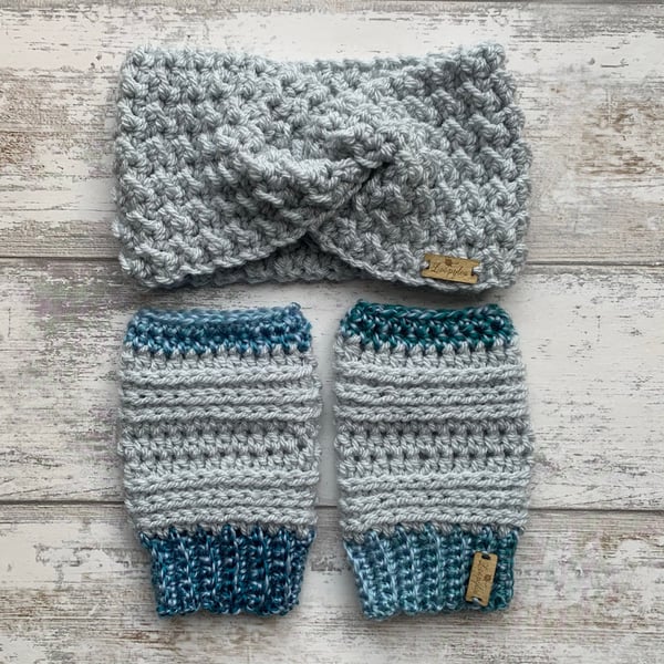Handmade crochet ear warmer headband and wrist warmer set in light grey and blue