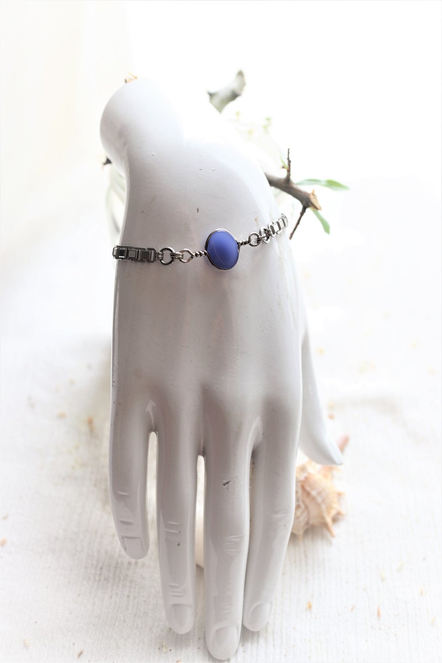 Blue agate semi precious stone up-cycled bracelet - gift for her - handmade gift