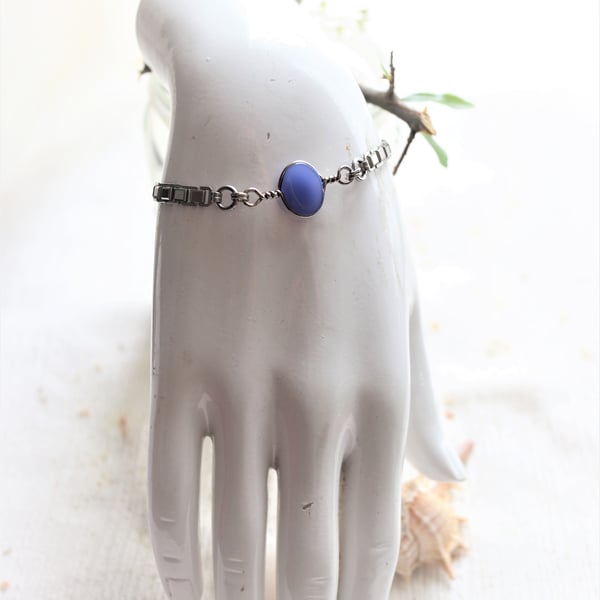 Blue agate semi precious stone up-cycled bracelet - gift for her - handmade gift
