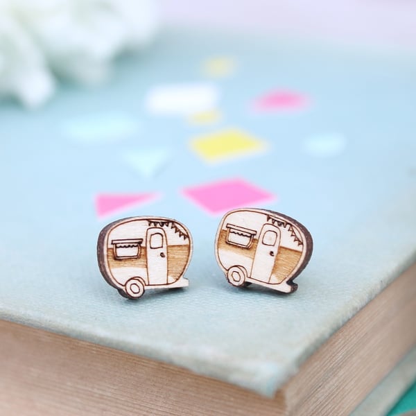 Wooden Caravan Stud Earrings