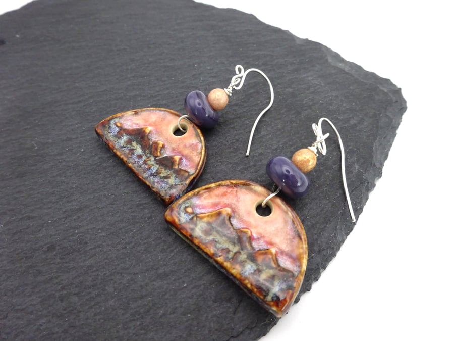 sterling silver earrings, ceramic mountain and purple lampwork glass jewellery