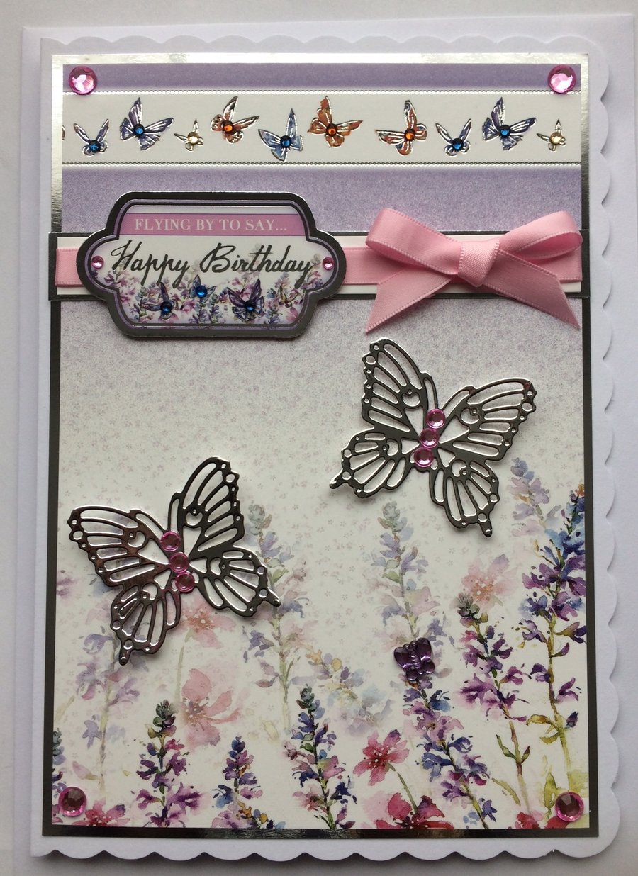 Butterfly Birthday Card Flying By To Say Happy Birthday Silver 3D Butterflies