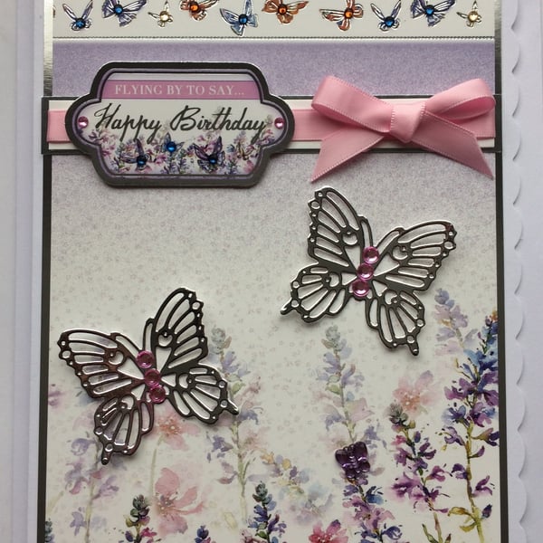 Butterfly Birthday Card Flying By To Say Happy Birthday Silver 3D Butterflies