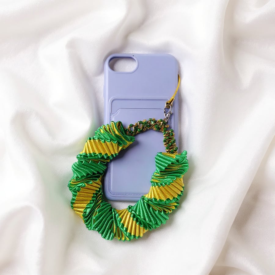 Handmade Green & Yellow Ribbon Phone Strap with Beaded Detail