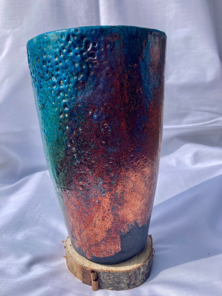 Tall Raku Turquoise Vase
