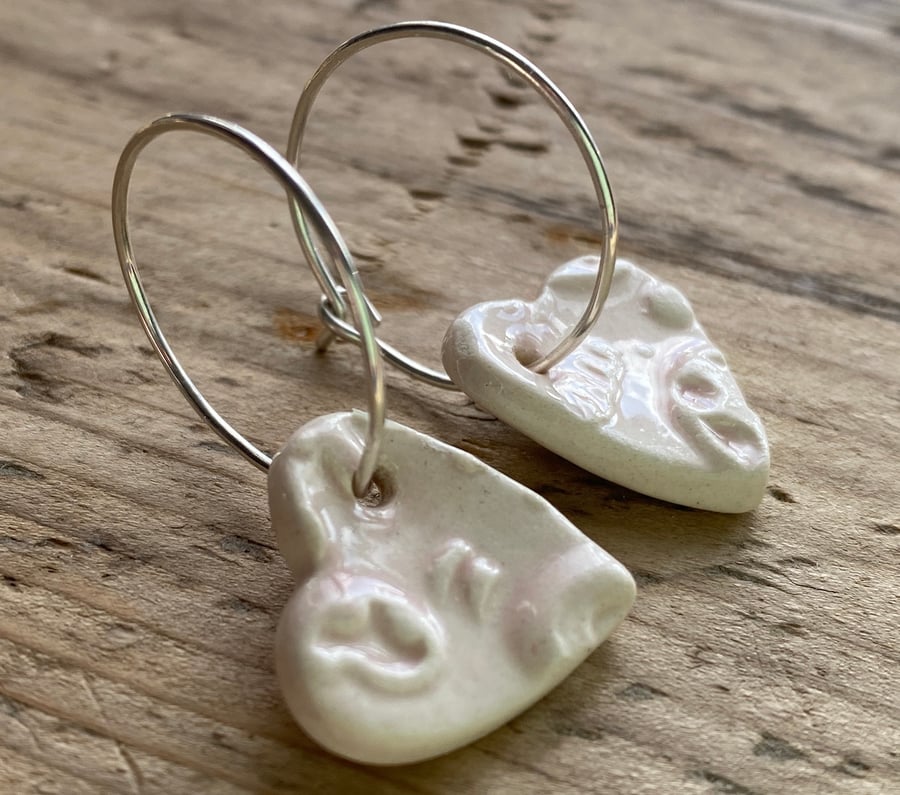 Ceramic Pink Heart and Silver Hoop Earrings
