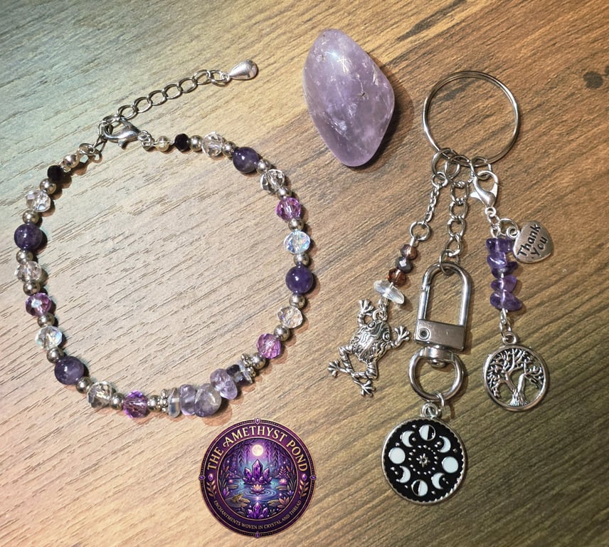 Handmade Amethyst Beaded Bracelet, Mystic Frog & Tree of Life Keyring