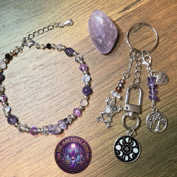 Handmade Amethyst Beaded Bracelet, Mystic Frog & Tree of Life Keyring