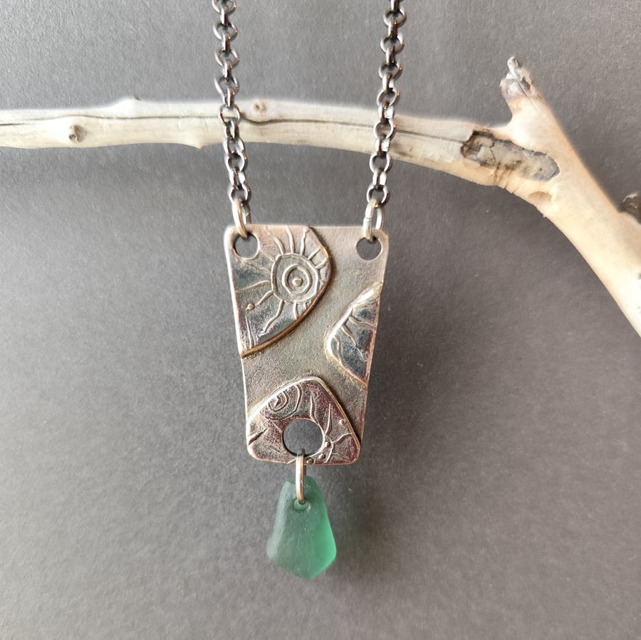 White bronze and seaglass pendant, antique silver colour, unique