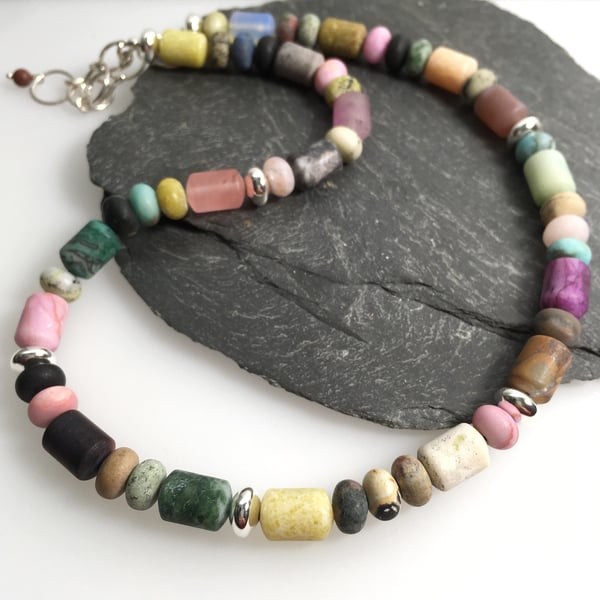 Candy coloured gemstone and silver bead necklace