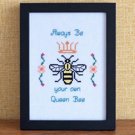 Always Be Your Own Queen Bee – Handmade Framed Cross Stitch Gift 5x7