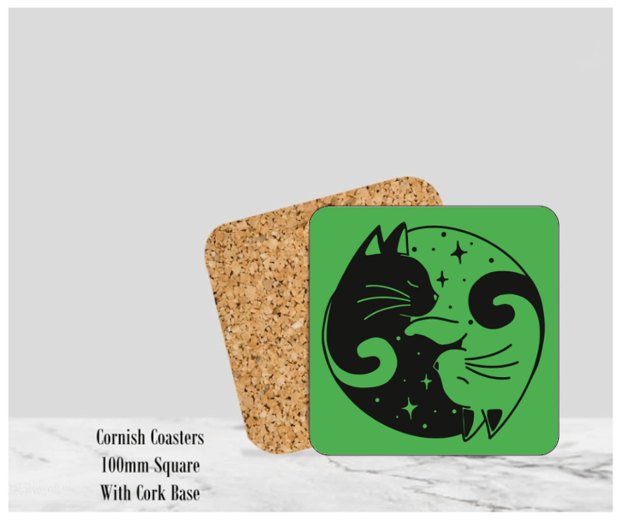 Green Yin & Yang Cat Coaster 4" Square With Cork Base