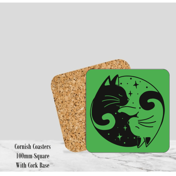 Green Yin & Yang Cat Coaster 4" Square With Cork Base