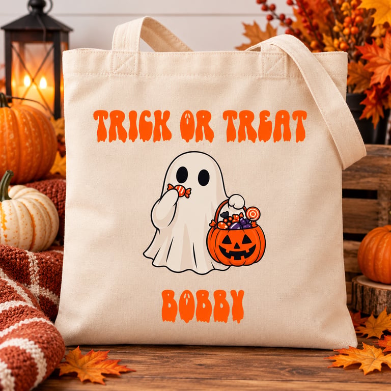 Personalised Halloween Trick or Treat Bag: Custom Name Canvas Tote for Kids