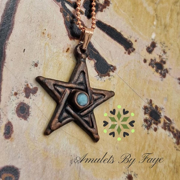 Recycled Copper Pentagram with Amazonite Gemstone Pendant Necklace.