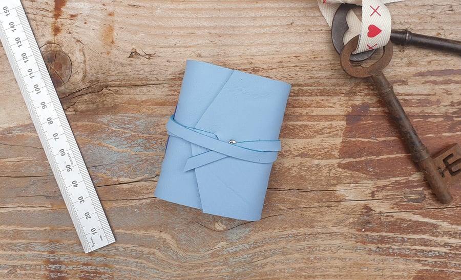 Handmade Leather Journal - Tiny Size 3 x 2 - Hand-Stitched - Pale Blue