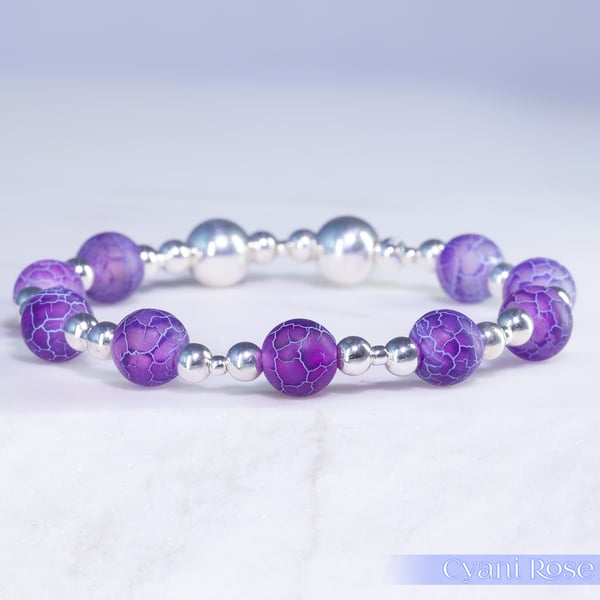 Bracelet with purple crackle glass and sterling silver beads stretchy handmade