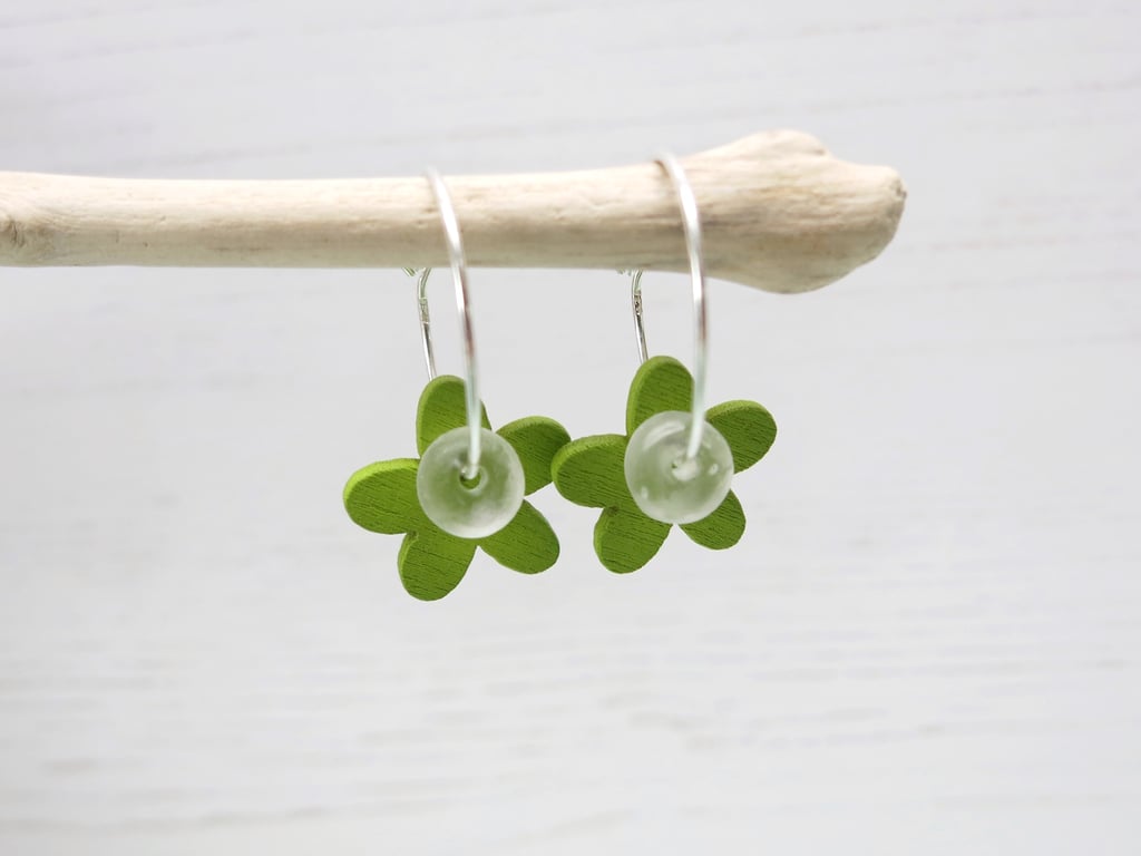 Wooden Flower Buttons on 18mm Sterling Silver Hoops - Lime
