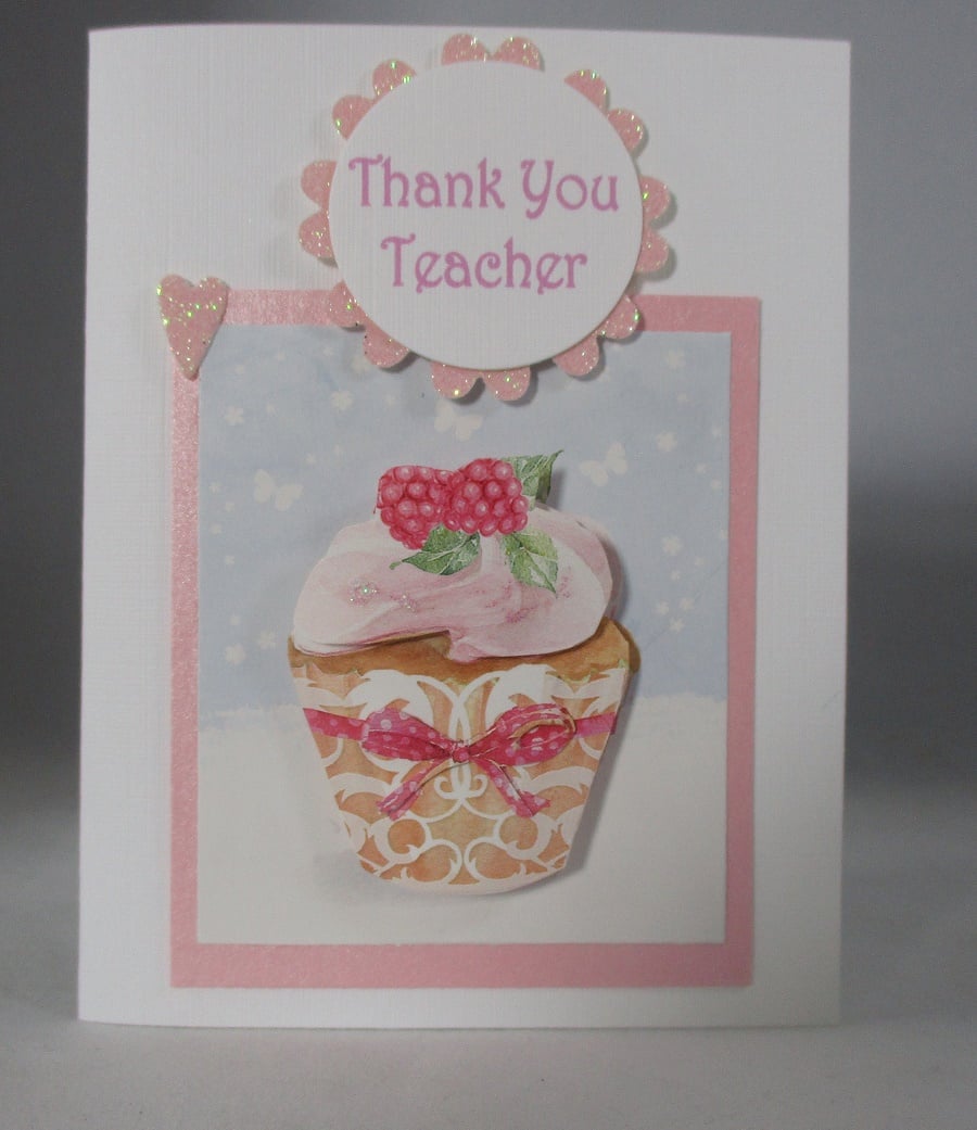 Small Teacher Thank You Card, 3D Cupcake, Handmade