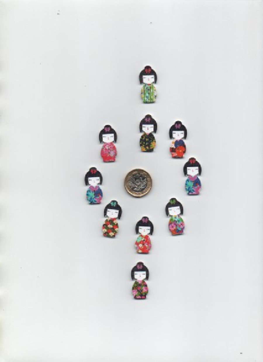 10 assorted printed wooden Japanese style GEISHA girl craft button CLEARANCE