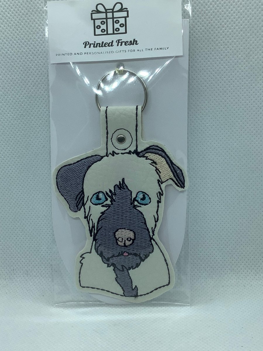 Embroidered white Faux Leather terrier dog  key ring