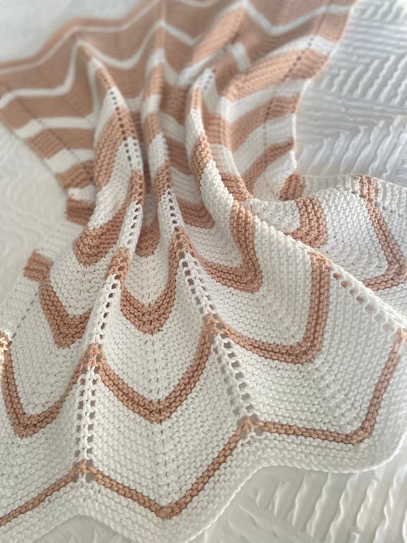 Caramel and white striped baby blanket in cotton yarn 