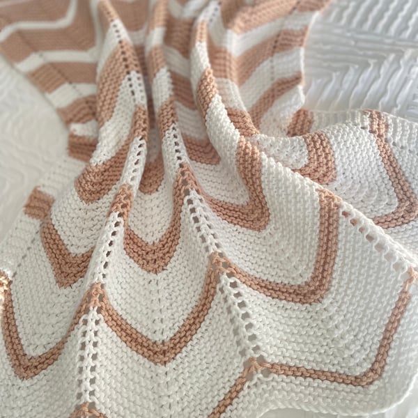 Caramel and white striped baby blanket in cotton yarn 